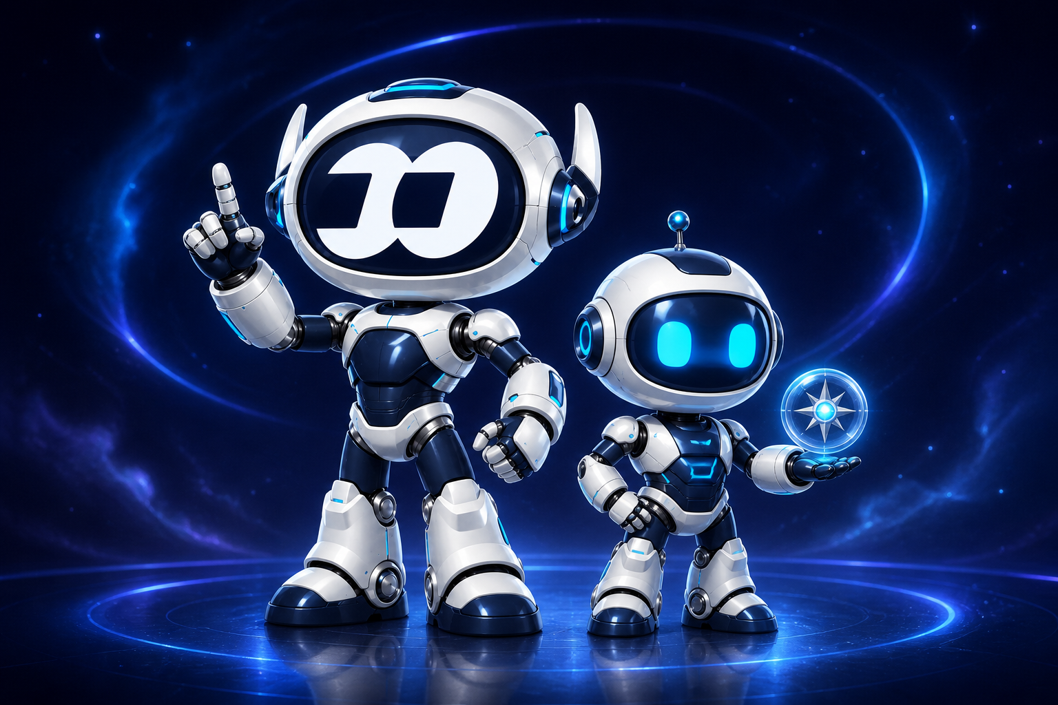 Two friendly ROBO FOMO robots standing together